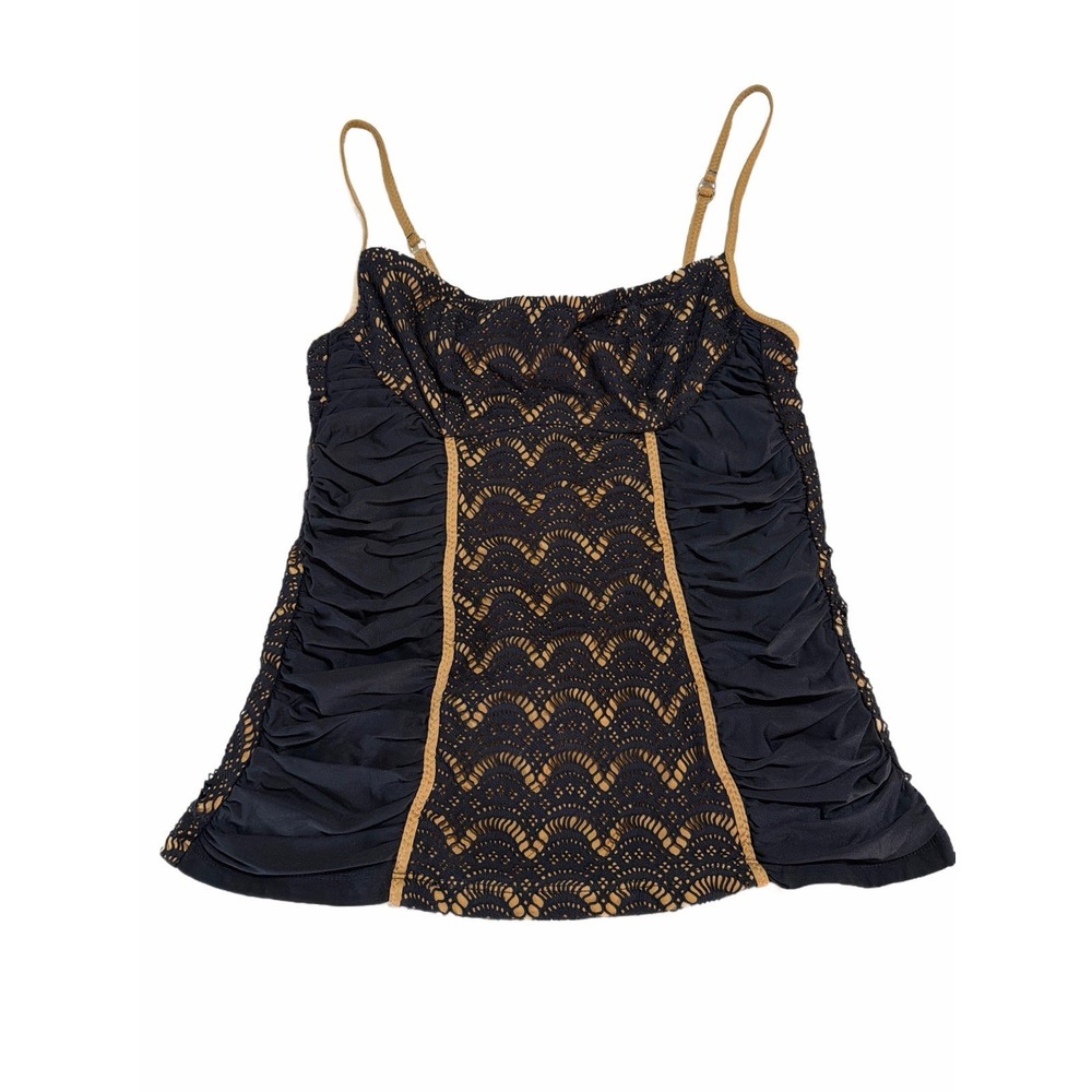 VTG Betsey Johnson Y2K Black‎ Beige Ruched Lace Overlay Cami Top Goth - Large